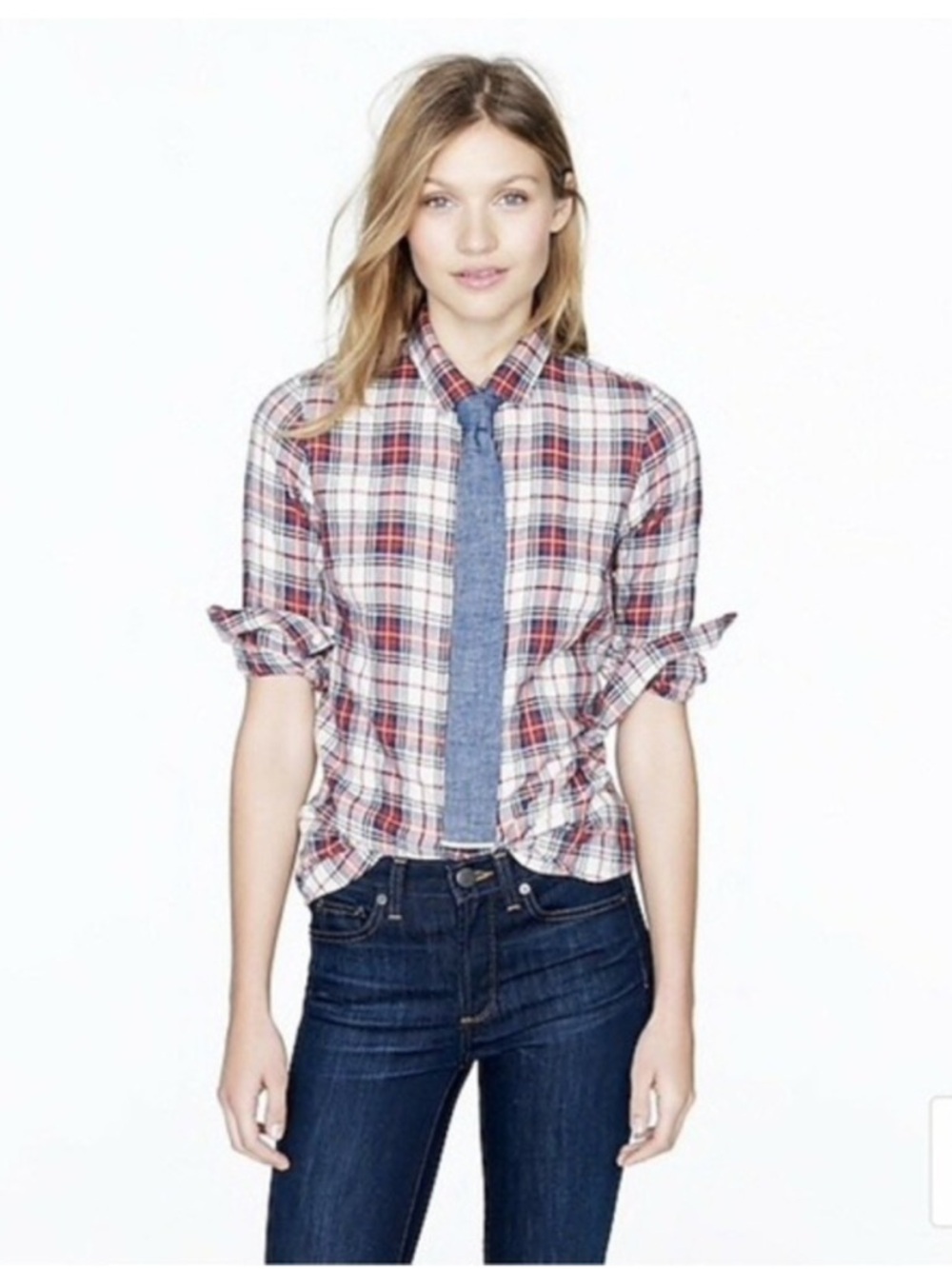J.Crew Women’s White Red Blue Tartan Plaid Perfect Button-Down Shirt Size 8
